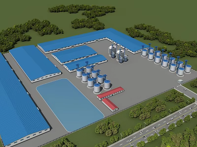 Industrial Factory with Blue Roof Cylindrical Tanks and Surrounding Trees 3d model