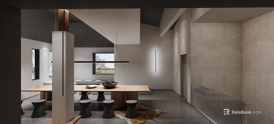 Modern Tea Room Interior With Wooden Table Stone Stools And Natural Elements 3d model