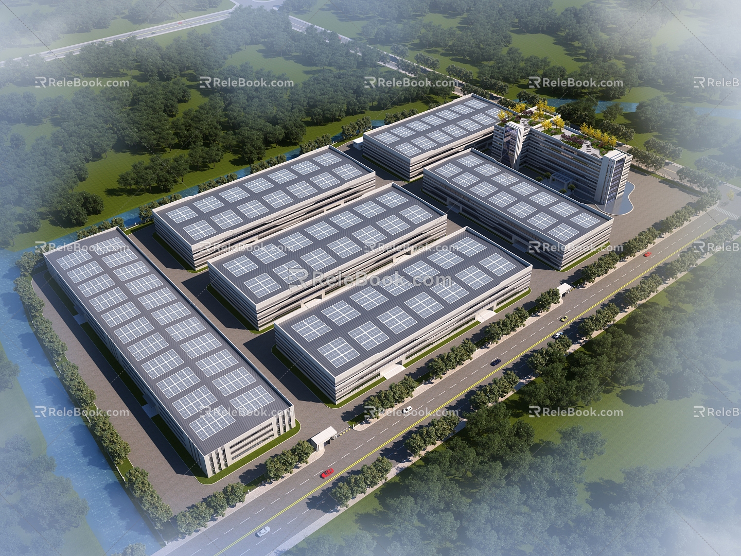 Bird's-eye view of factory building office building 3d model