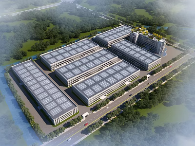 Modern Large Industrial Factory Complex With Multiple Buildings Flat Roofs Surrounding Greenery And Access Roads 3d model