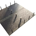 Outdoor Brick Paved Area With Black Posts Cylindrical Bollards And Central Path 3d model