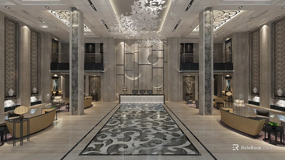 Elegant Hotel Lobby Interior With Grand Chandelier Marble Pillars And Reception Desk 3d model 