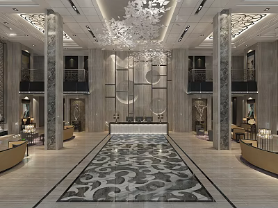 Elegant Hotel Lobby Interior With Grand Chandelier Marble Pillars And Reception Desk 3d model