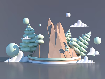 Cartoon Scene With Geometric Mountains Green Trees White Clouds And Round Spheres 3d model