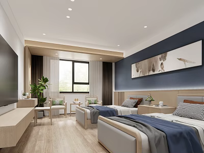 Hospital Outpatient Clinic Modern Interior With Comfortable Beds TV Plants Windows Wooden Furniture And Paintings 3d model