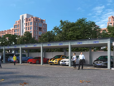 Modern Covered Parking Lot With Multiple Parked Cars Trees And Tall Buildings 3d model