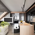 Modern Living Dining Room Interior Design With Wooden Shelves Sofa Staircase TV Unit And Plant