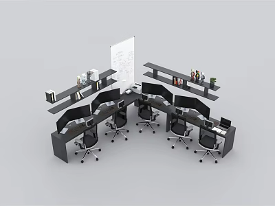 Modern Office Workstation Setup With Multiple Desks Chairs Shelves Whiteboard Plants And Decorative Items 3d model