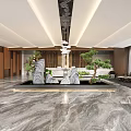Hotel Lobby Interior With Wooden Walls Marble Reception Desk Pendant Lights And Sofa Seating Area