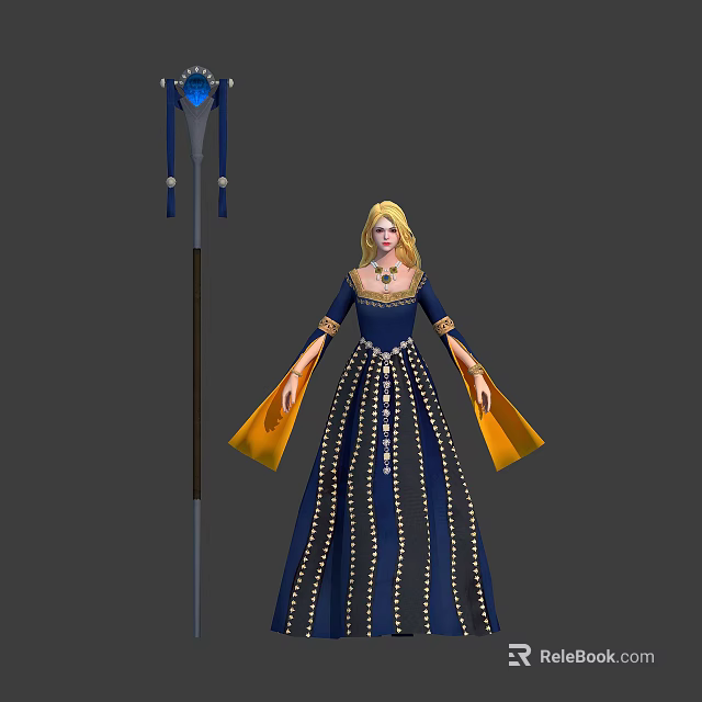 Elegant Blonde Princess in Blue Gown with Golden Trim Standing with Mythical Creature 3d model 