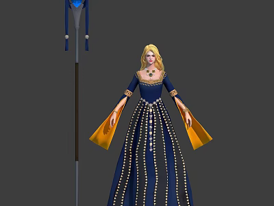 Elegant Blonde Princess in Blue Gown with Golden Trim Standing with Mythical Creature 3d model