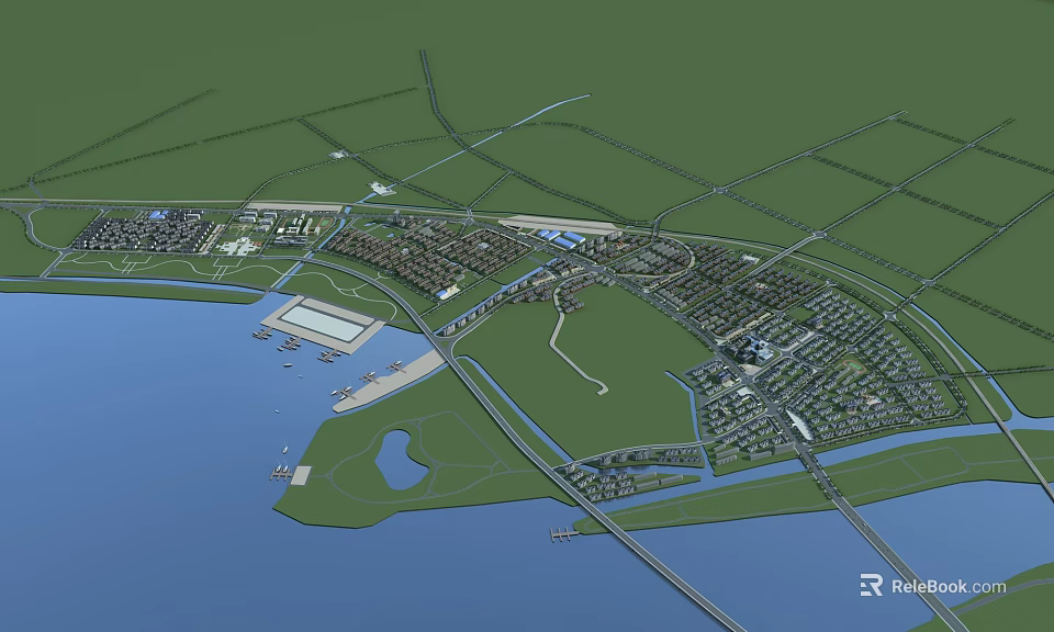 Integrated Aerial Planning of Waterfront Urban Layout with Green Spaces Road Networks and Port Facilities 3d model 