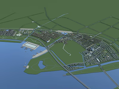 Integrated Aerial Planning of Waterfront Urban Layout with Green Spaces Road Networks and Port Facilities 3d model