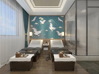 Serene SPA Sauna Interior With Double Massage Beds And Crane Decorative Wall 3d model