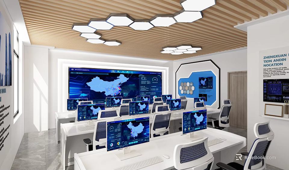 Modern Control Room Interior With Multiple Computer Monitors And Large Screen Displaying Data 3d model