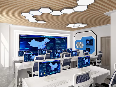 Modern Control Room Interior With Multiple Computer Monitors And Large Screen Displaying Data 3d model