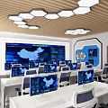 Modern Control Room Interior With Multiple Computer Monitors And Large Screen Displaying Data 3d model
