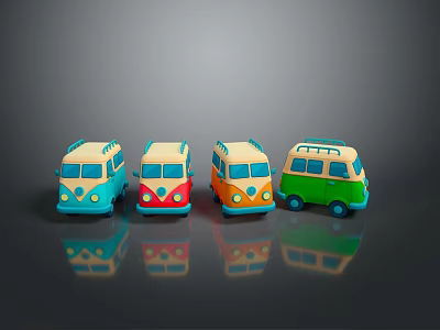 Four Different Colored Toy Buses Lined Up With Shiny Reflections 3d model