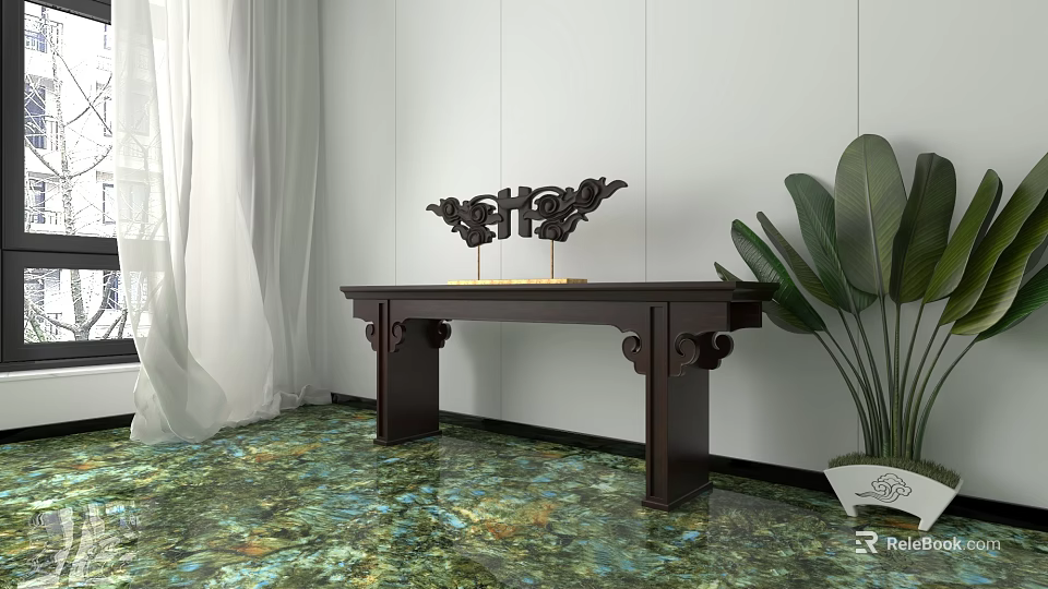 Stylish Console Table with Black Decorative Ornament Green Plant White Wall and Marbled Floor 3d model 