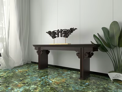 Stylish Console Table with Black Decorative Ornament Green Plant White Wall and Marbled Floor 3d model
