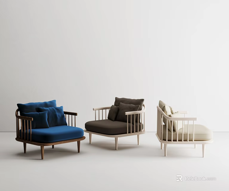 Blue Brown and Beige Single Sofa with Wooden Frame Modern Minimalist Interior Living Room Design 3d model 