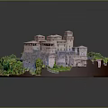Detailed Castle Model Architecture With Towers Walls Green Trees And Garden