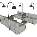 Modern Comfortable Public Chairs With Grey Upholstery Metal Frames Black Floor Lamps And Round Tables