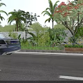 Road Facilities With White Lane Markings Green Plants Palm Trees And Flower Beds Along Roadway