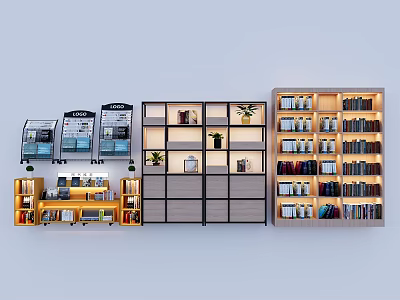 Modern Wooden Bookcase Design With Open Shelves Glass Doors Books And Decorative Plants 3d model