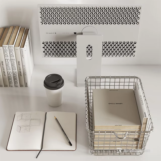 Stylish Decorative Ornament Set with Books Coffee Cup Notebook Pencil Wire Basket and Decorative Print 3d model 
