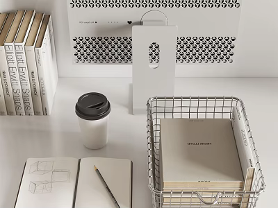 Stylish Decorative Ornament Set with Books Coffee Cup Notebook Pencil Wire Basket and Decorative Print 3d model