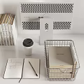 Stylish Decorative Ornament Set with Books Coffee Cup Notebook Pencil Wire Basket and Decorative Print