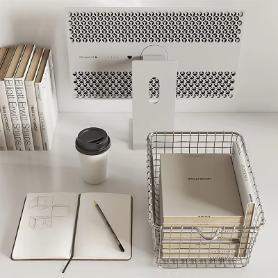 Stylish Decorative Ornament Set with Books Coffee Cup Notebook Pencil Wire Basket and Decorative Print 3d model