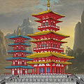 Traditional Chinese Multi tiered Pagoda With Red Gold Roof Surrounded By Mountains And Lakes