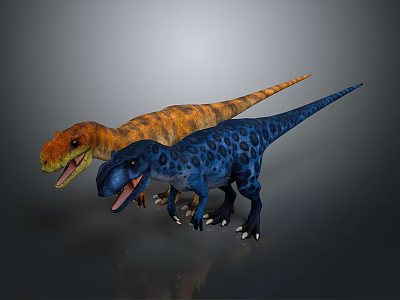 3D Model Of Orange And Blue Spotted Dinosaurs With Open Mouths On Gray Background 3d model