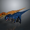 3D Model Of Orange And Blue Spotted Dinosaurs With Open Mouths On Gray Background