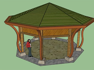 Octagonal Wooden Pavilion With Green Striped Roof And Gravel Ground Person Standing Inside 3d model