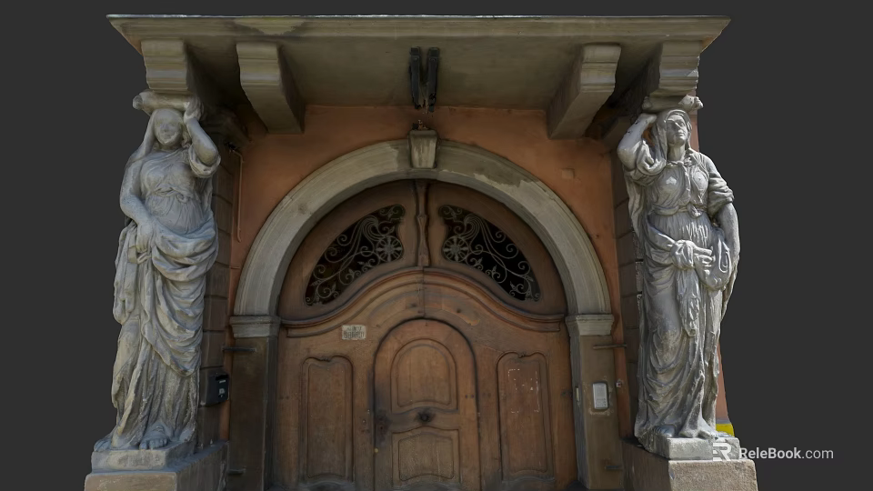 Residential Building Entrance Featuring Arched Wooden Doors Stone Statues And Classical Design 3d model 