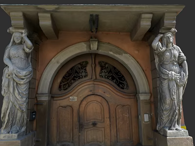 Residential Building Entrance Featuring Arched Wooden Doors Stone Statues And Classical Design 3d model