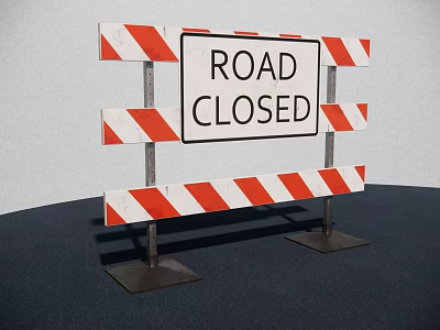 Red And White Striped Road Closed Fence With Warning Sign For Traffic Control 3d model