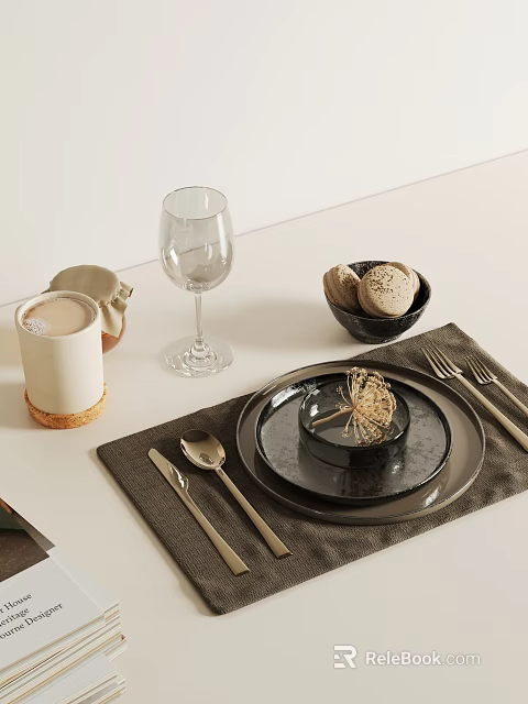 Modern Dining Table Setting With White Mug Wine Glass Black Bowl Bread Rolls And Cutlery 3d model 
