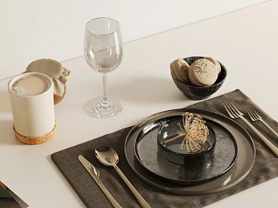 Modern Dining Table Setting With White Mug Wine Glass Black Bowl Bread Rolls And Cutlery 3d model