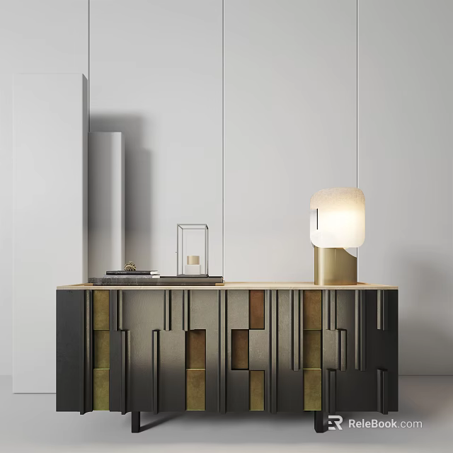 Modern Entryway Console Table And Side Cabinet With Geometric Design And Table Lamp 3d model