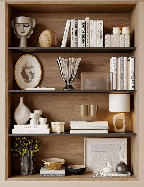 Elegant Decorative Ornament Set on Wooden Shelf with Books Vase and Table Lamp 3d model 