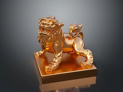 Golden Lion Statue With Intricate Carvings On Square Base And Dark Background 3d model