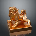 Golden Lion Statue With Intricate Carvings On Square Base And Dark Background