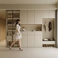 Modern Light Colored Shoe Cabinet With Glass Door And Coat Rack In Home Entryway