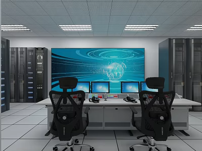 Monitoring Room Interior With Large Screen Multiple Computer Monitors Office Desk And Server Racks 3d model