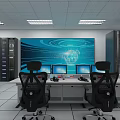 Monitoring Room Interior With Large Screen Multiple Computer Monitors Office Desk And Server Racks