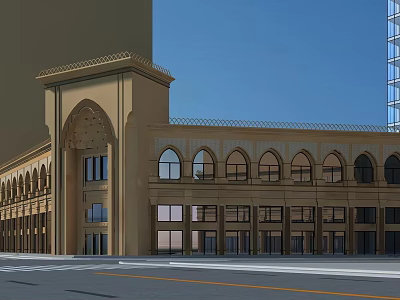 Elegant Commercial Street Featuring Beige Multi Story Facade And Arched Windows Design 3d model